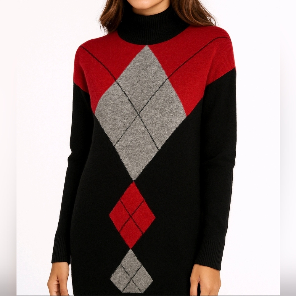 Lord & Taylor Long Sweater Cashmere Black Argyle Long Sleeve Mock Neck Size S